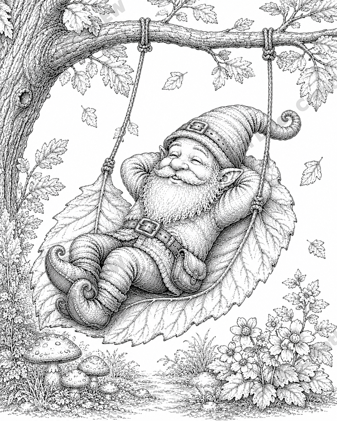 Whimsical garden gnome relaxing on a tree swing surrounded by leaves and woodland scenery, printable adult coloring page.