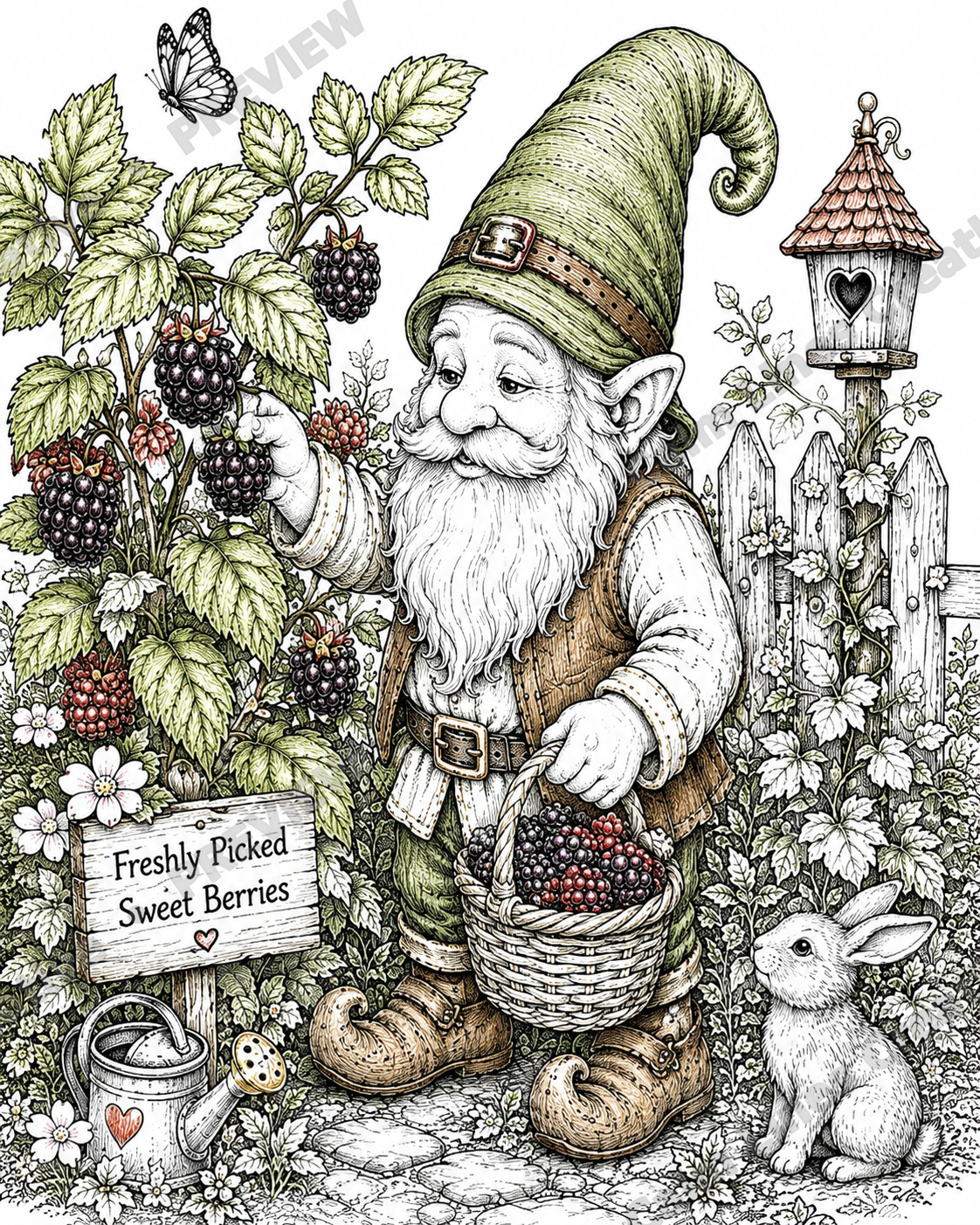 Hand-colored sample page of a cheerful garden gnome picking blackberries in a magical woodland garden, created with realistic colored pencils.