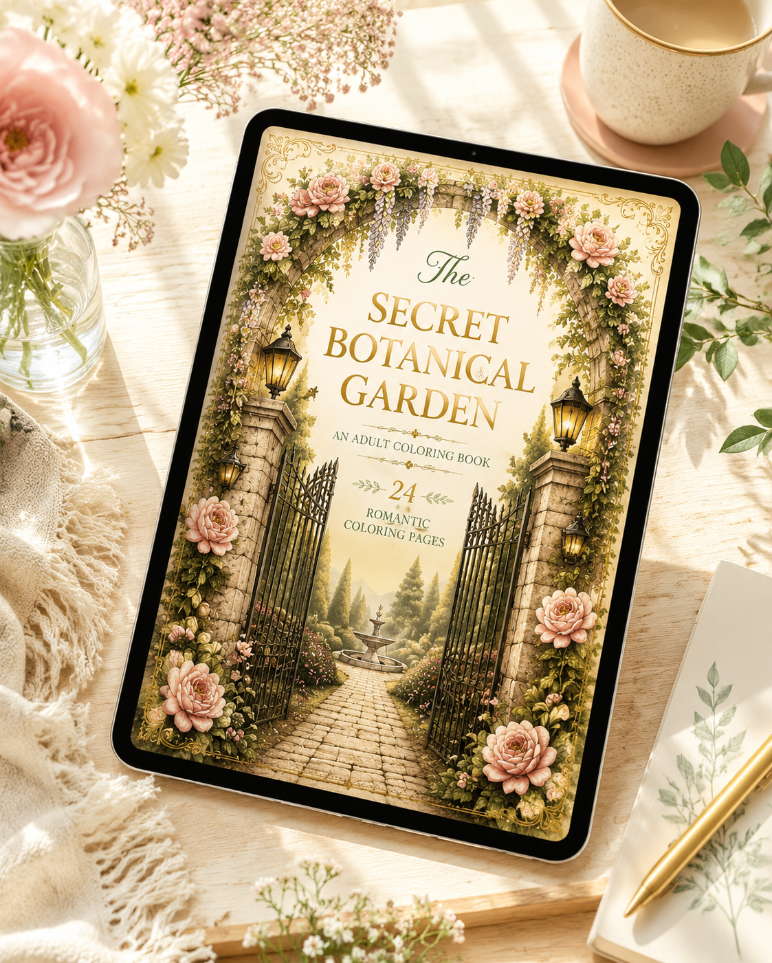 Tablet displaying The Secret Botanical Garden printable adult coloring book with romantic floral cover, instant download PDF in A4 and US Letter.