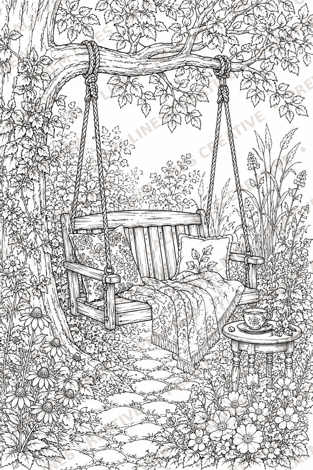 Printable secret garden coloring page with a romantic wooden garden bench under a rose-covered pergola, surrounded by flowers and botanical garden details.