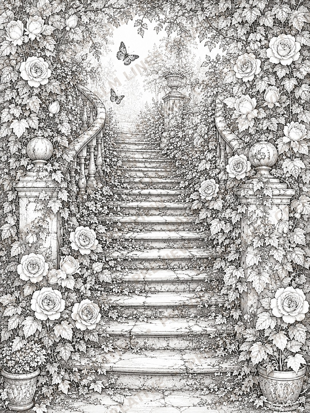 Romantic secret garden coloring page featuring an elegant stone staircase surrounded by blooming roses and lush botanical details.