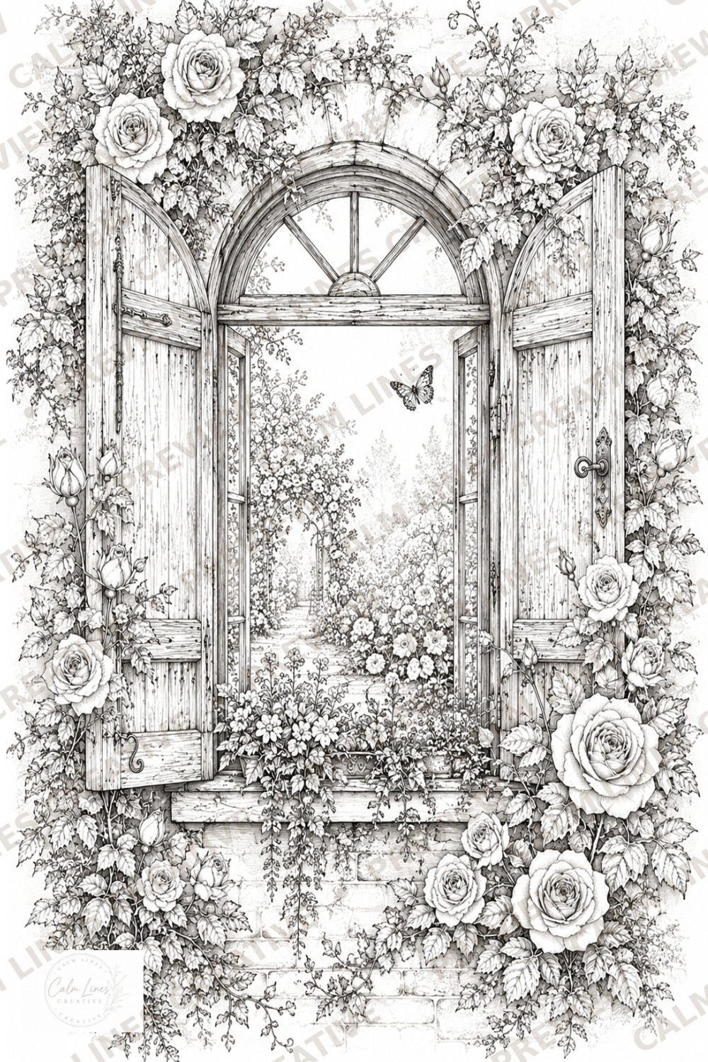 Detailed secret garden coloring page with an open vintage garden window surrounded by climbing roses and blooming flowers.
