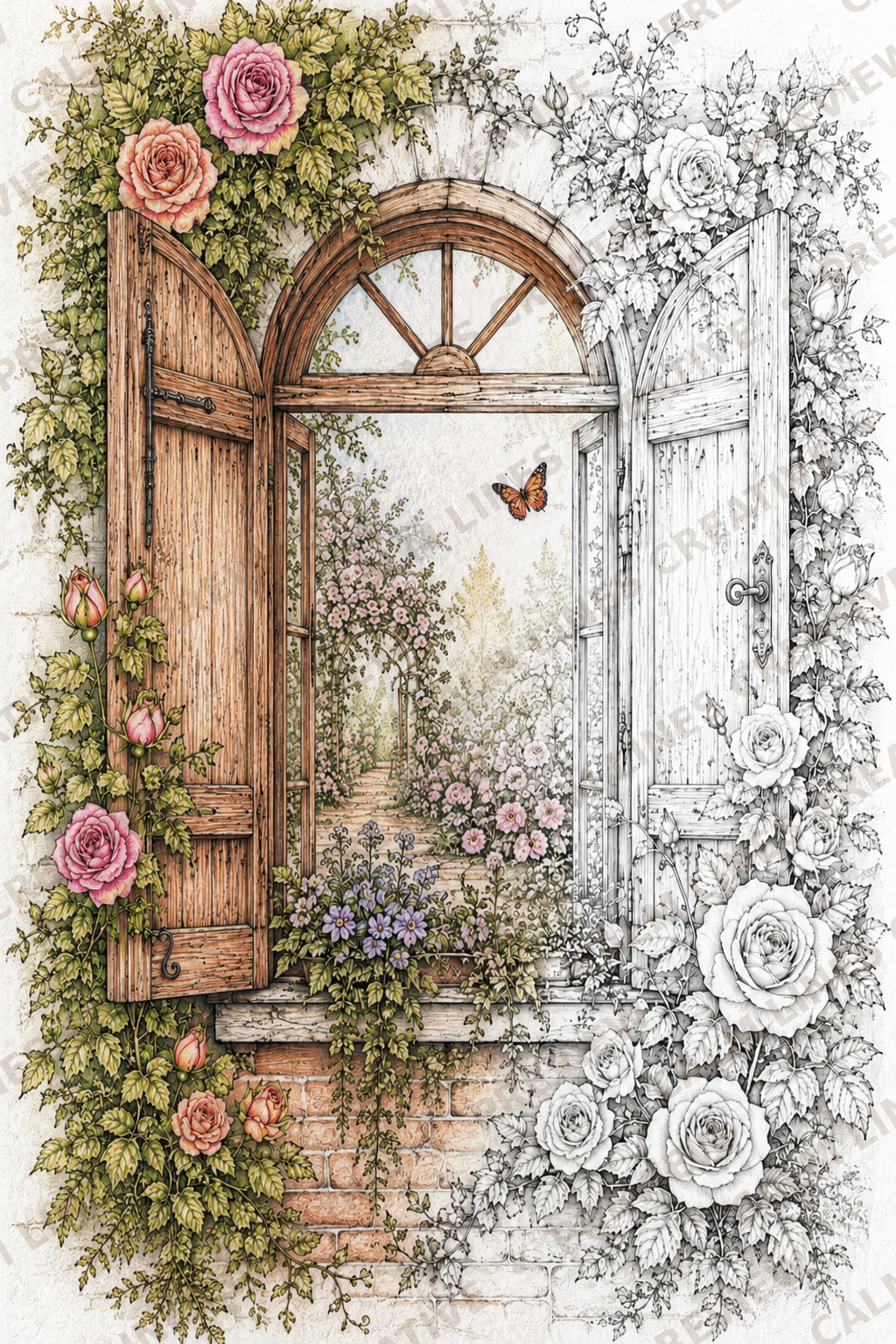 Partially colored secret garden coloring page showing a romantic garden window with realistic colored pencil shading and floral details.