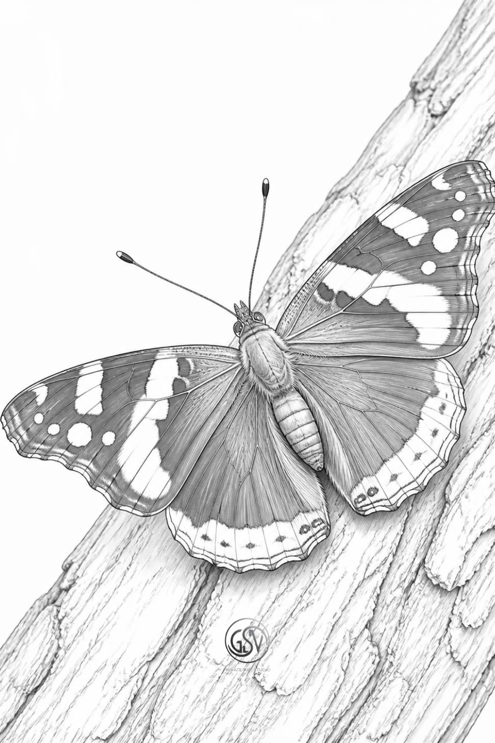 Grayscale coloring page of a red admiral butterfly resting on tree bark, realistic wing detail