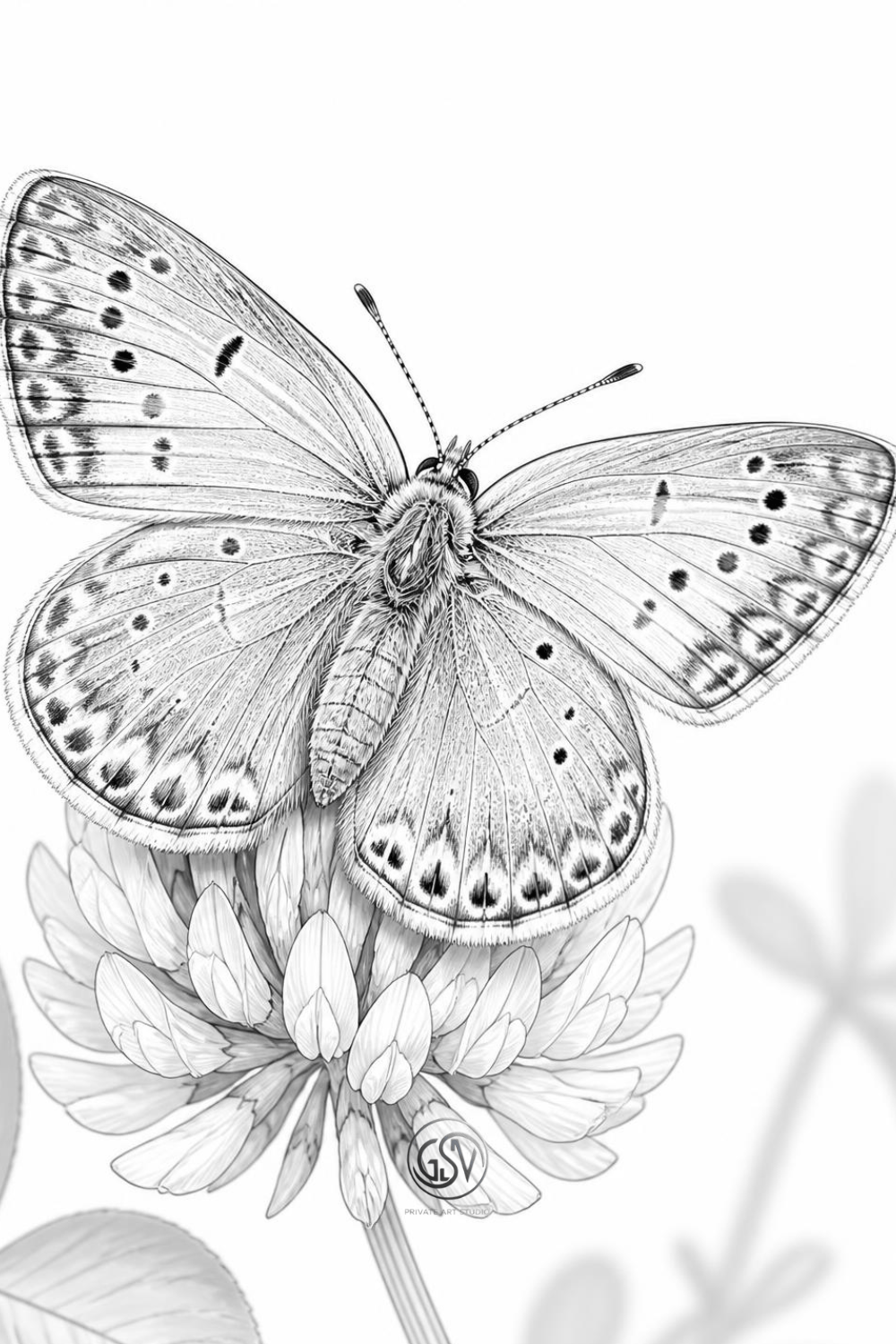 Grayscale coloring page of a small blue butterfly perched on a clover flower, macro close-up view