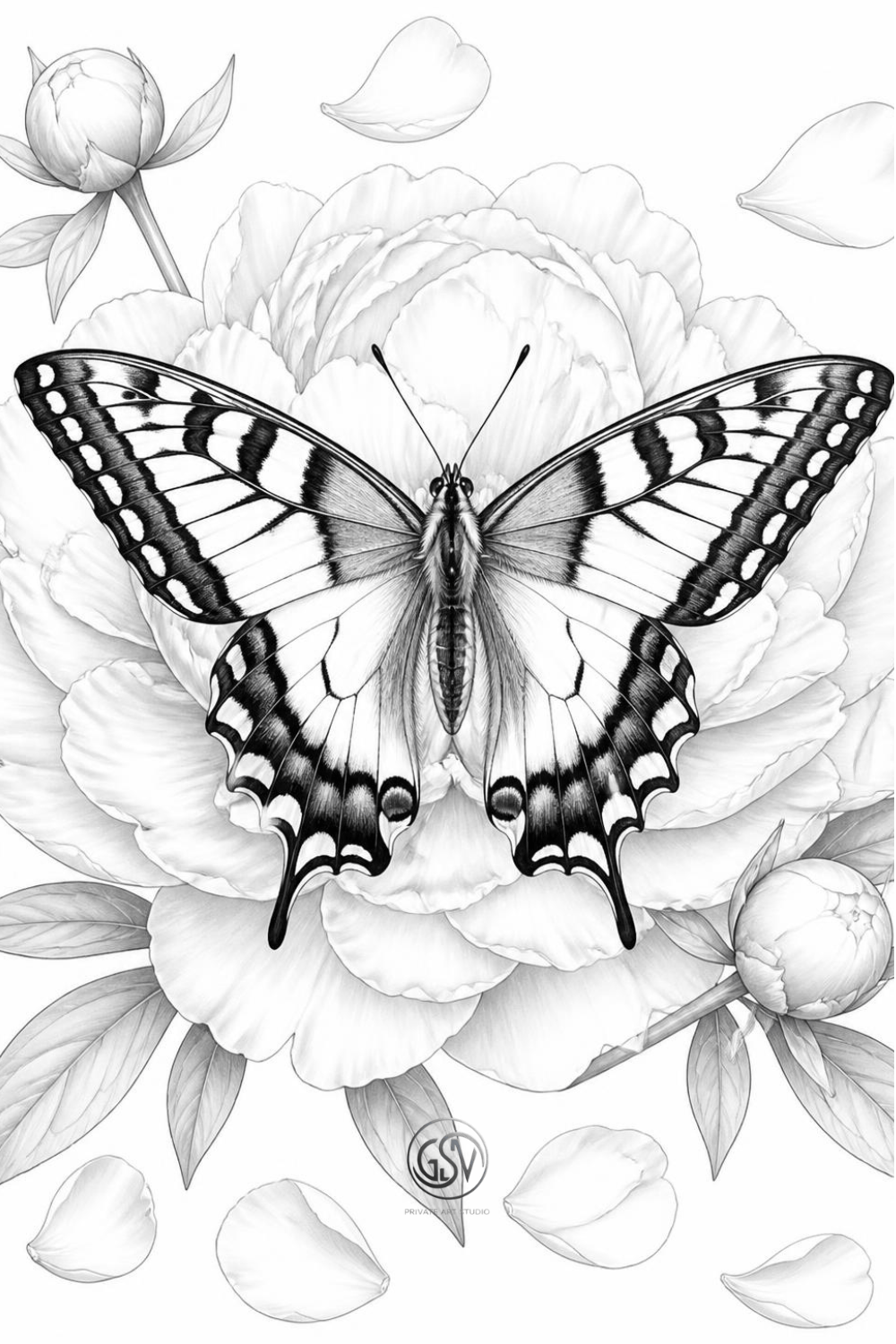 Grayscale coloring page of a swallowtail butterfly with wings spread on a peony flower, symmetrical top-down view