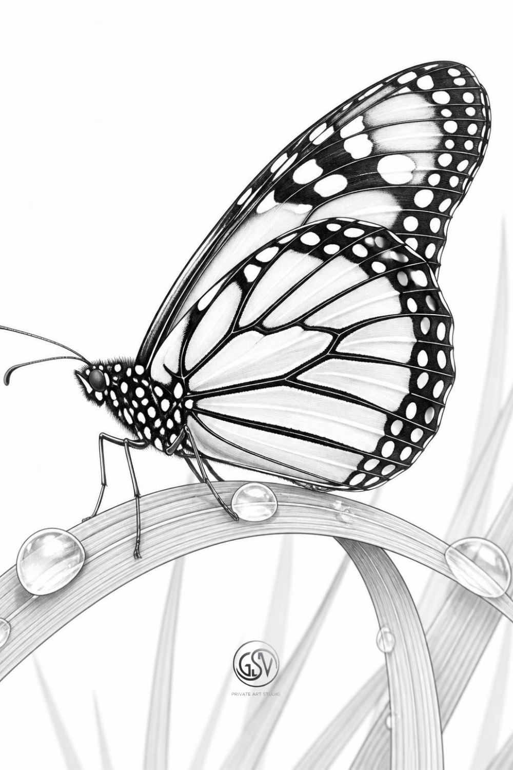 Grayscale coloring page of a monarch butterfly in profile on a blade of grass with dew drops