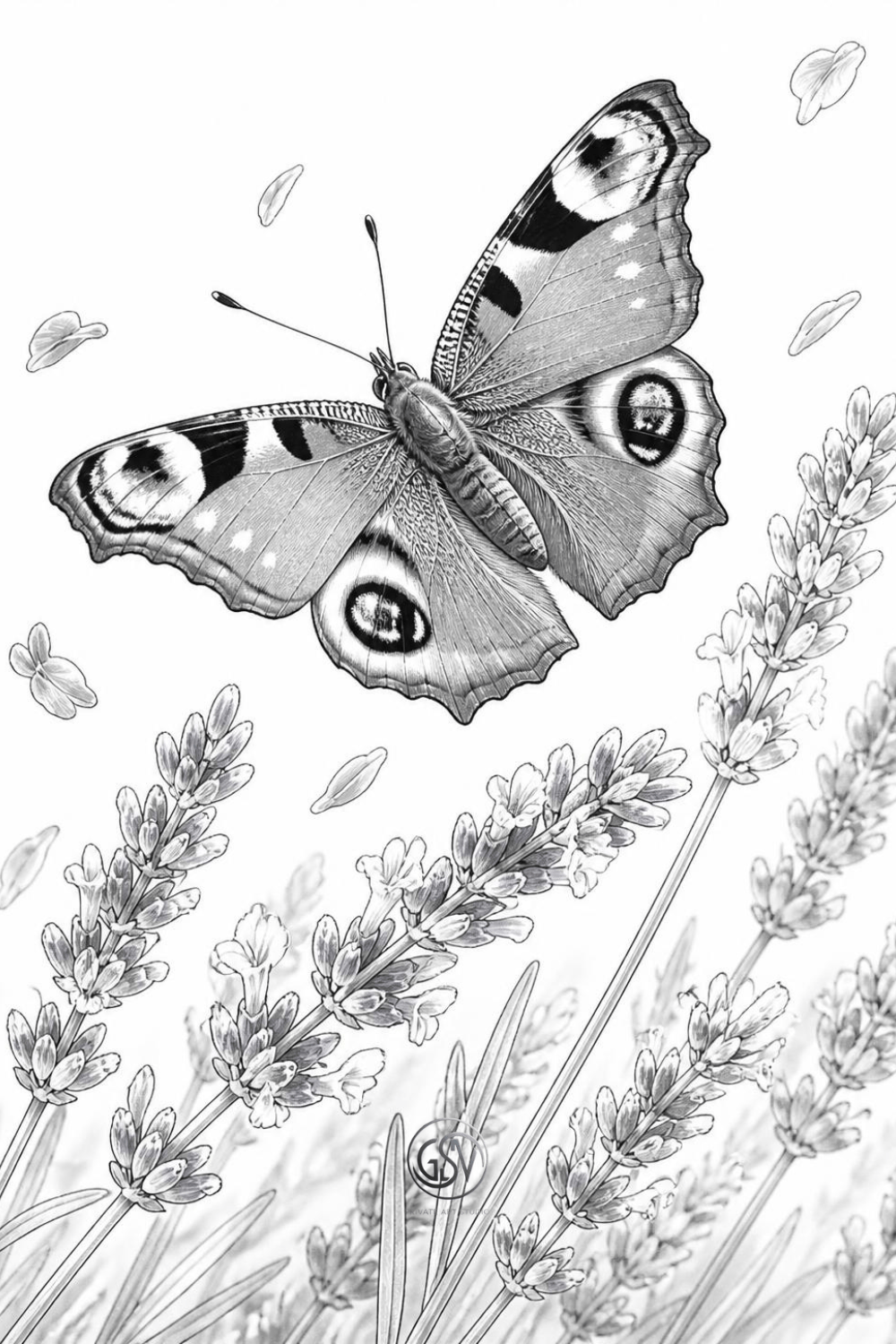 Grayscale coloring page of a peacock butterfly in flight over lavender flowers, eye-spot wing pattern