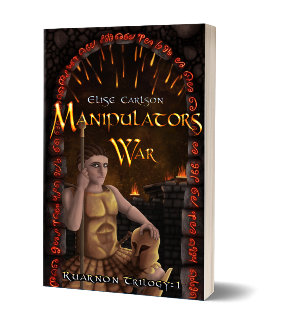 Manipulator's War Cover Left corner: portrait of young Heir Ruarnon, their hair braided back, eyes outlined with kohl, wearing fitted bronze armour, a bronze disc kilt, holding a helmet in their left hand and leaning on a spear. Main image: Red glyphs out
