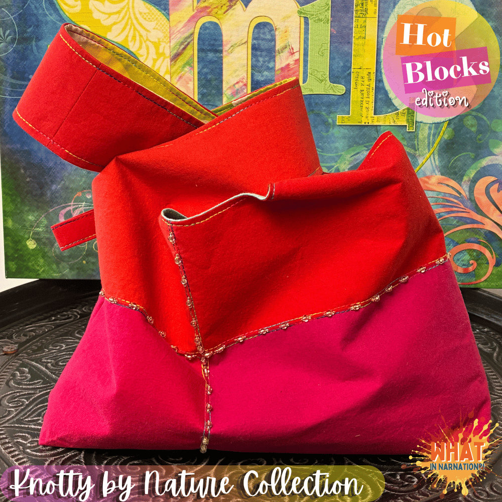 Handmade knot bag called “Knotty by Nature: Hot Blocks Edition” displayed in a bold collage-style product carousel featuring bright pink, orange, and red colour-blocked fabric with decorative stitching and bead embellishments.