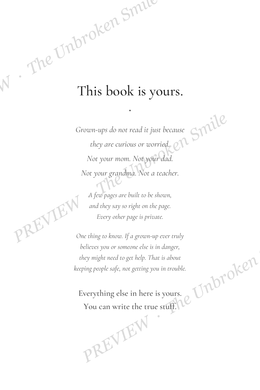 Watermarked privacy page preview explaining how the journal protects a child's private writing.