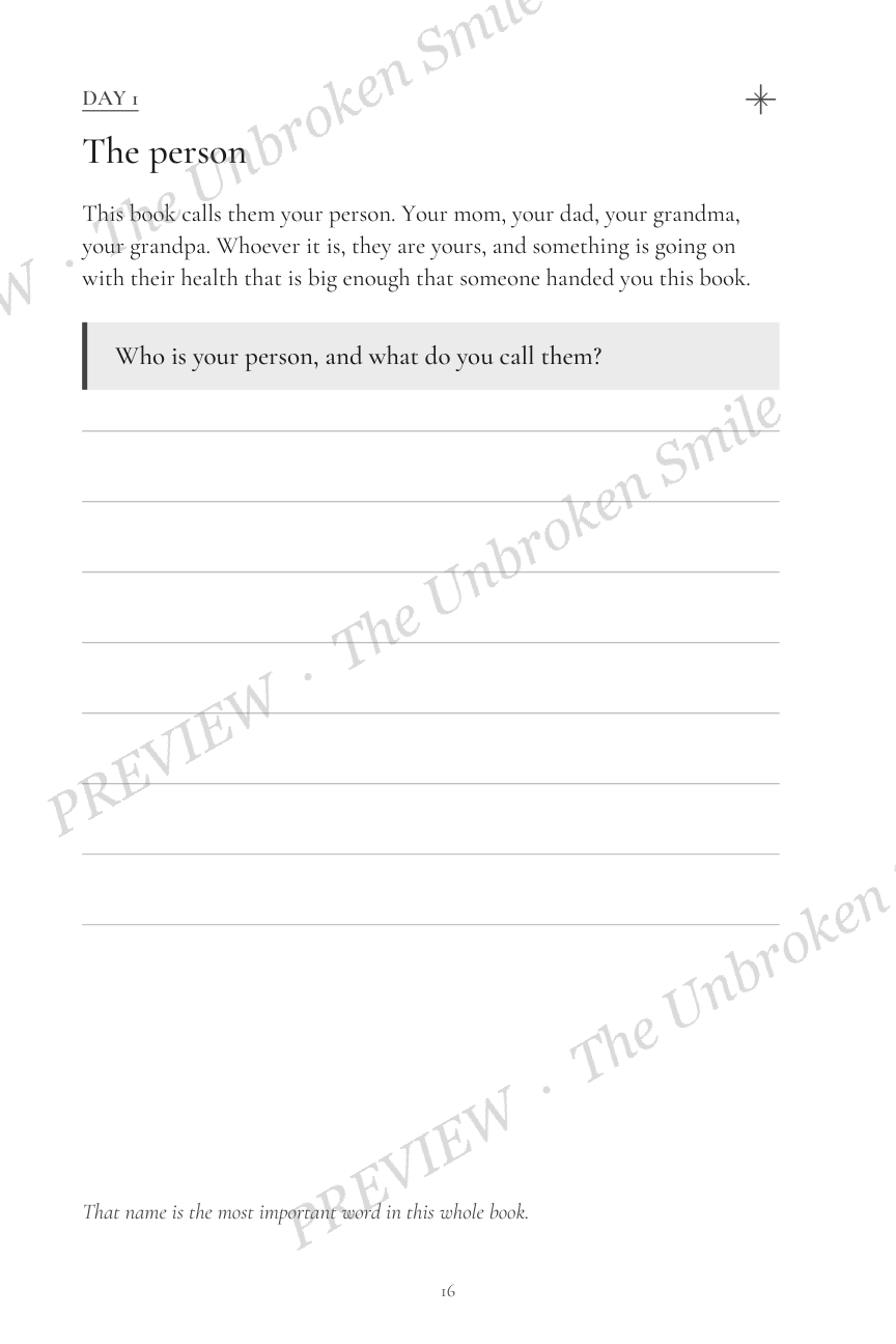 Watermarked Day One interior preview with a guided feelings prompt and fillable response lines.