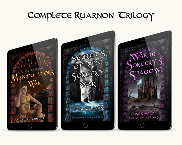 Manipulator's War Cover Left corner: portrait of young Heir Ruarnon, their hair braided back, eyes outlined with kohl, wearing fitted bronze armour, a bronze disc kilt, holding a helmet in their left hand and leaning on a spear. Main image: Red glyphs out