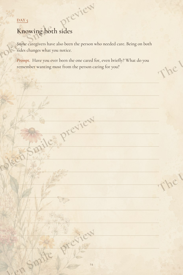 Interior daily prompt page from the fillable caregiver self care journal with tap-to-type writing fields.