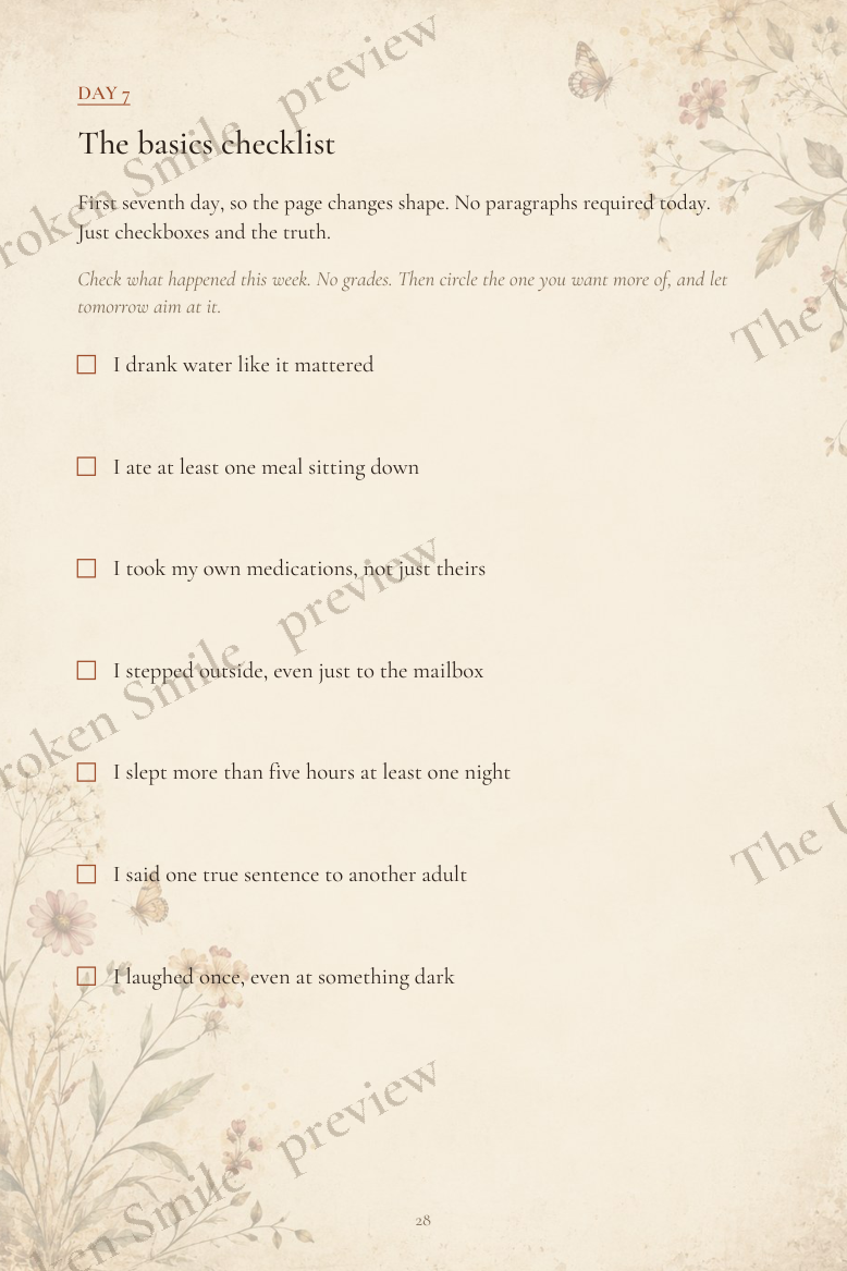 Checklist-style caregiver journal page with interactive checkboxes and a soft vintage wildflower design.
