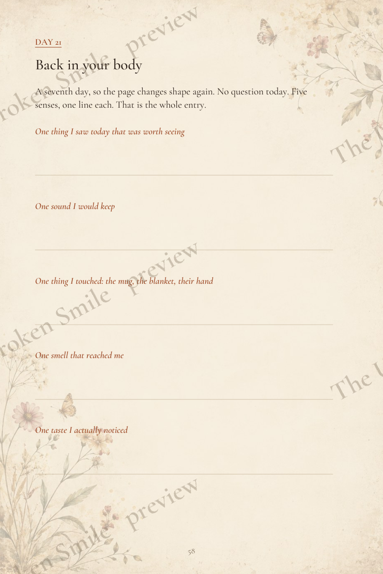 Five senses caregiver reset page with tap-to-type writing fields and soft vintage wildflowers.