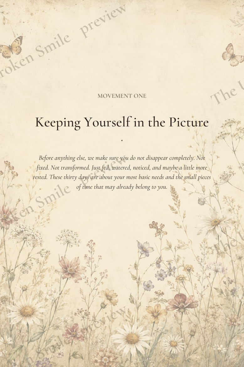 Movement opener page titled Keeping Yourself in the Picture with a soft vintage wildflower border.