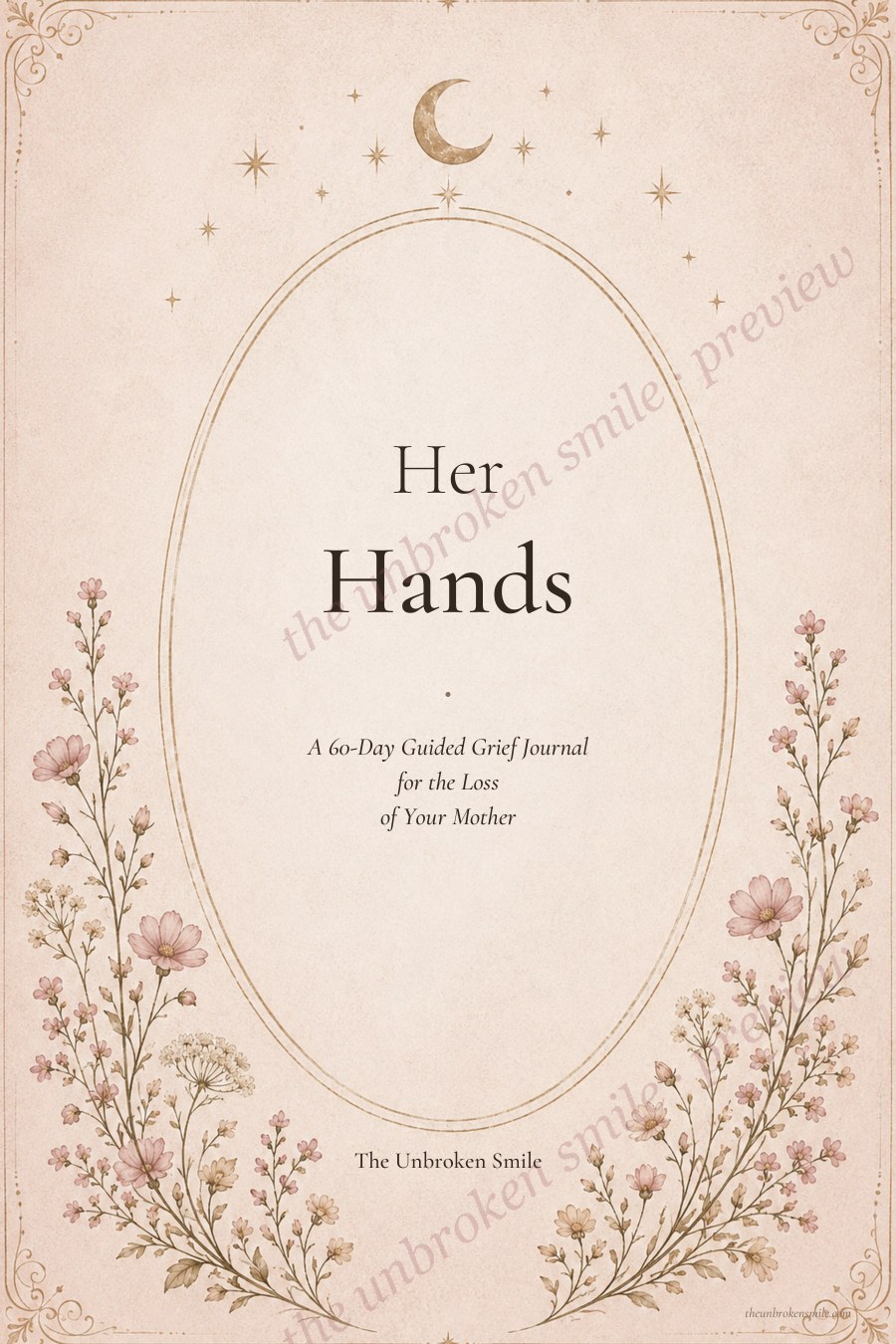 Her Hands grief journal title page with vintage flowers, created for women grieving the loss of their mother.