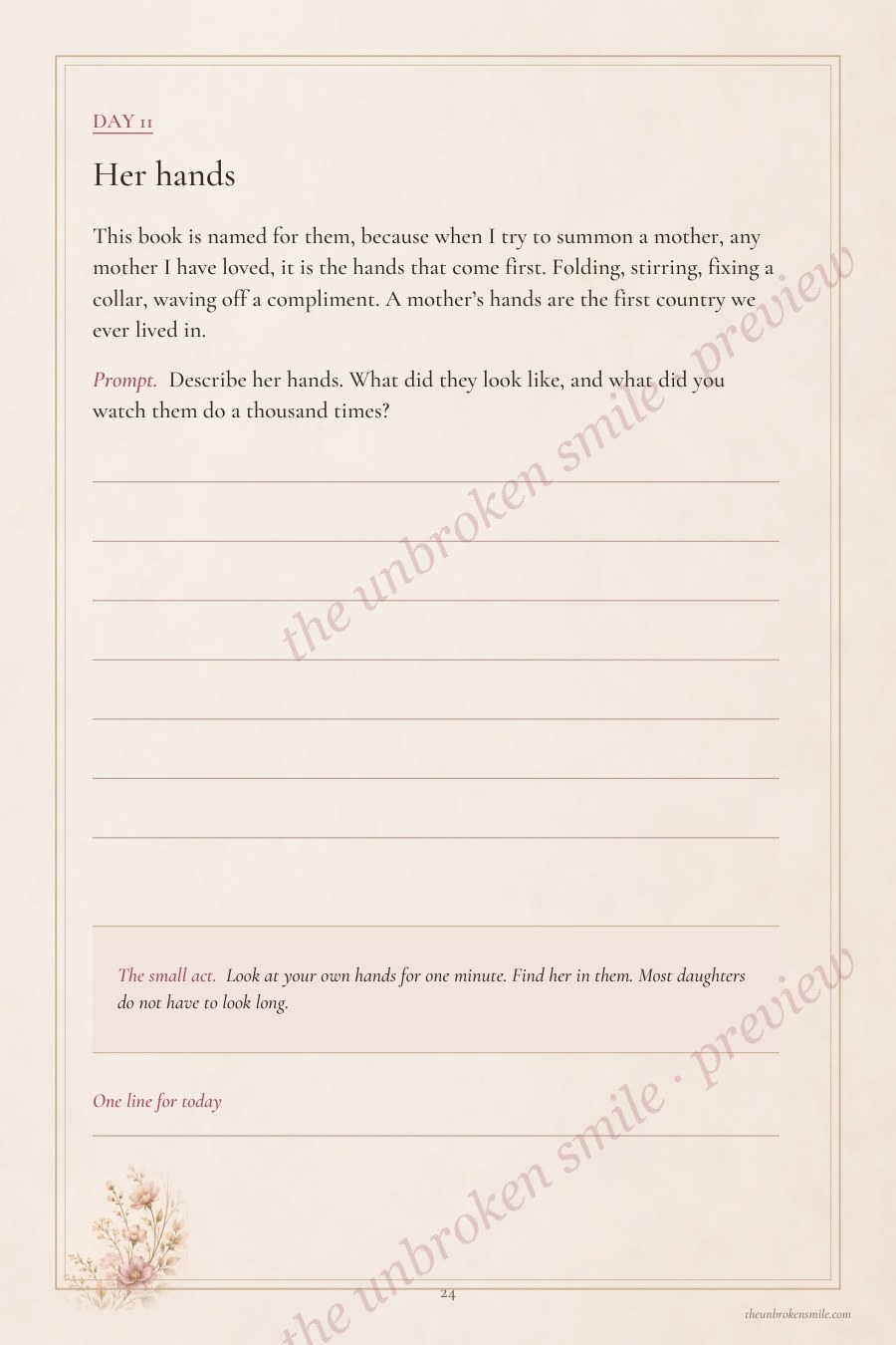 Day 11 interior page titled Her Hands with a guided memory prompt and fillable writing space.