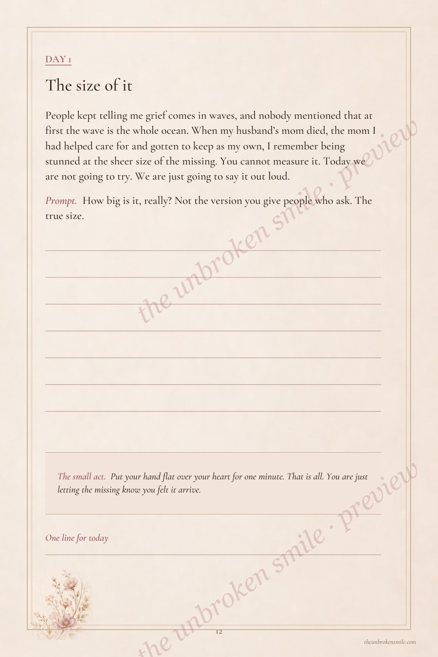 Day 1 interior page titled The Size of It with a fillable writing field and floral border.