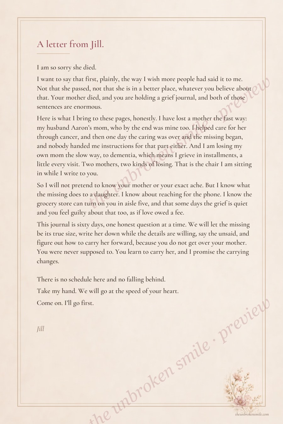A Letter from Jill interior page offering gentle support to a daughter grieving her mother.