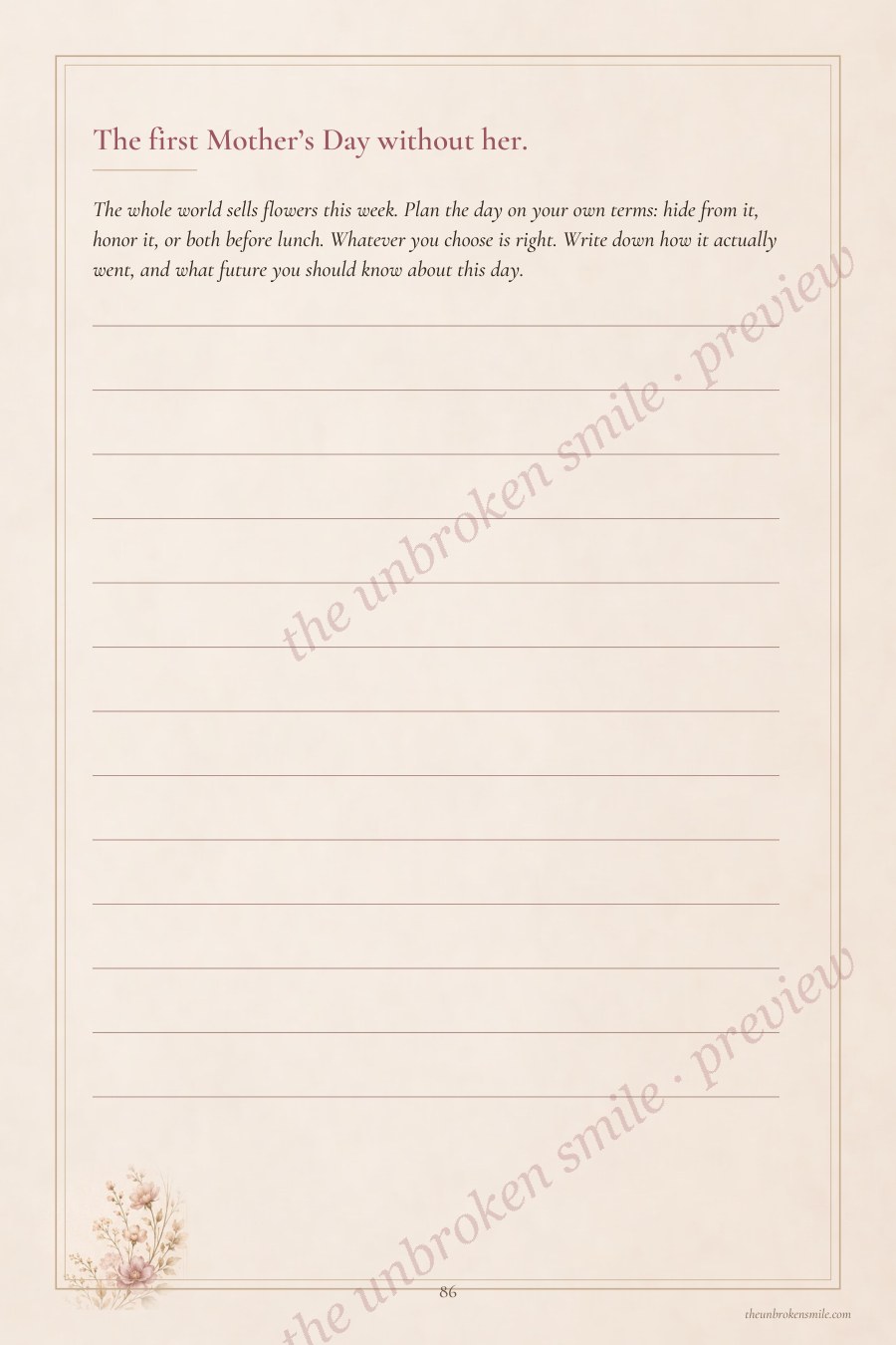The First Mother's Day grief journal page with space to write through a difficult milestone.
