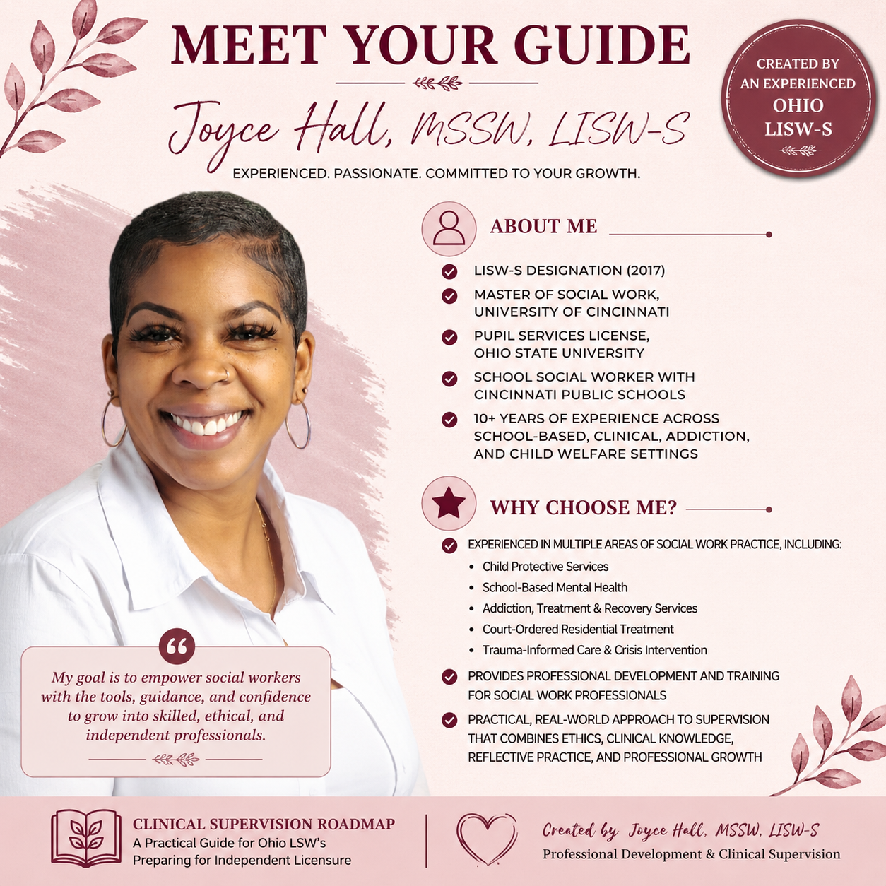 Joyce Hall, MSSW, LISW-S, creator of the Clinical Supervision Roadmap, professional development trainer, and clinical supervisor.