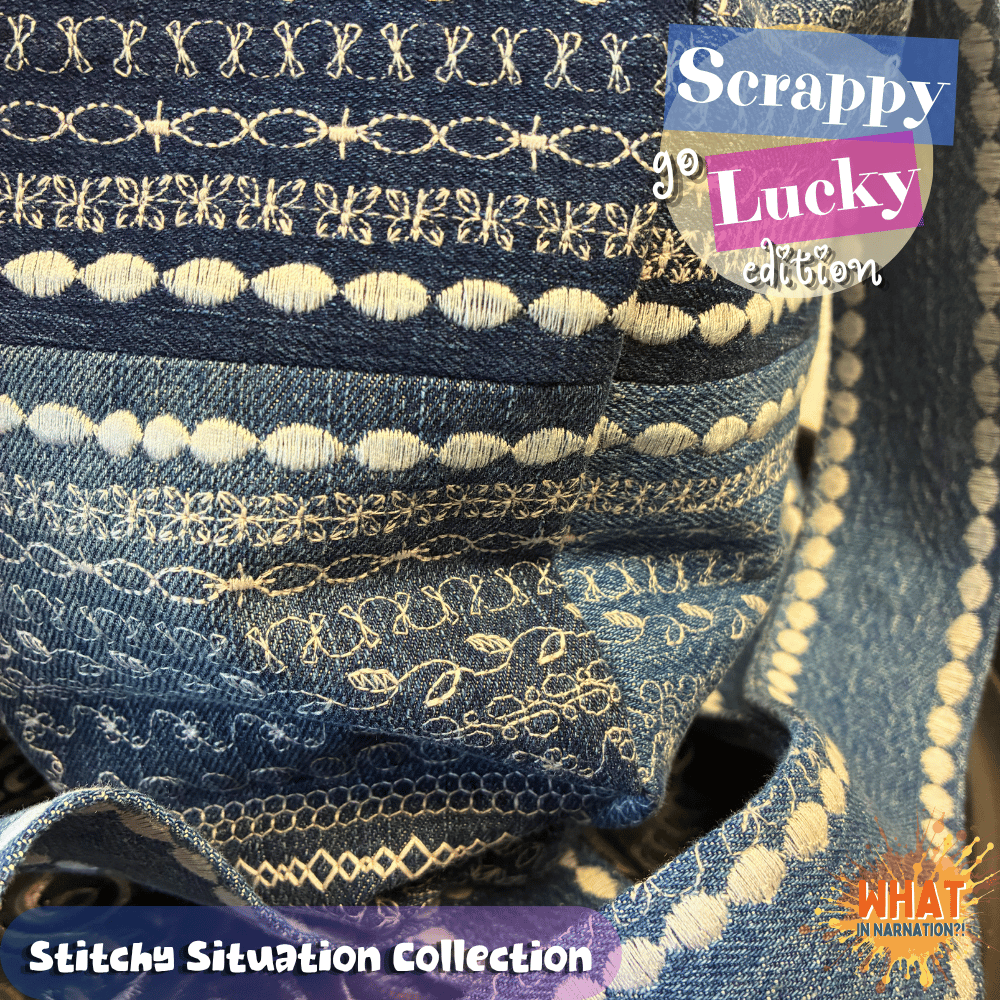Handmade patchwork backpack from the “Stitchy Situation Collection: Scrappy Go Lucky Edition” displayed in a collage-style product carousel featuring denim patchwork, decorative stitching, scrappy fabric details, and textured upcycled materials. Made by What in Narnation