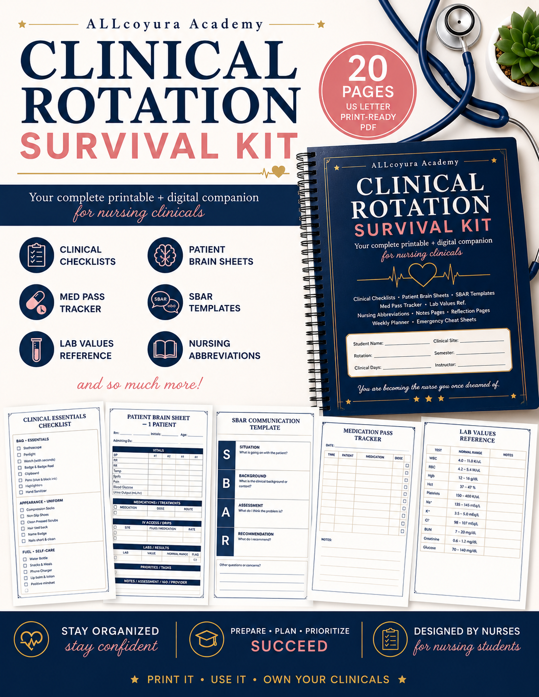 Clinical Rotation Survival Kit | Nursing Student Clinical Planner | Brain Sheets | SBAR Template | Med Pass Tracker | Lab Values | Nursing School Printable