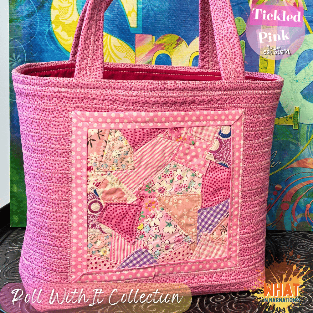 Handmade pink jelly roll tote bag featuring a scrappy patchwork pocket made from floral and pink fabric scraps. Collage shows multiple views of the finished Tickled Pink Edition tote, including exterior details, interior lining, and carrying capacity. Created by What in Narnation.