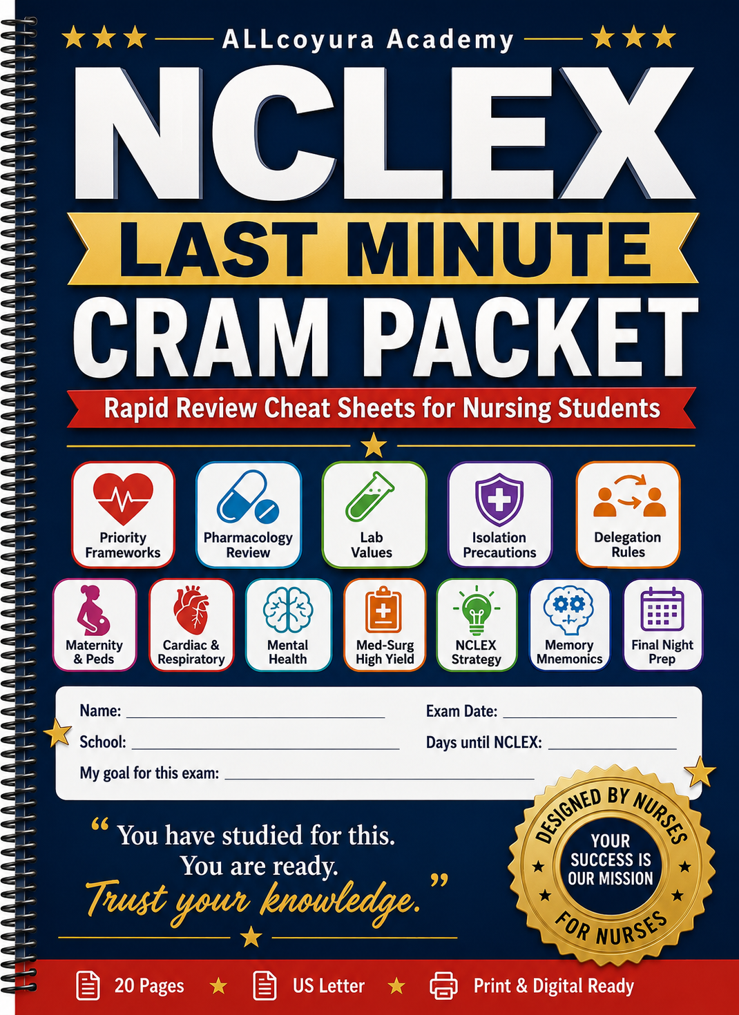 NCLEX Last-Minute Cram Packet | NCLEX-RN Study Guide | Nursing Exam Cheat Sheets | Pharmacology, Lab Values, SATA & Priority Review Printable