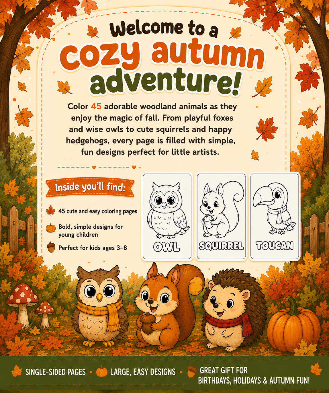 Cozy Autumn Animals Coloring Book back cover with sample coloring pages of an owl, squirrel, and toucan, plus a description of 45 printable pages for kids ages 3-8