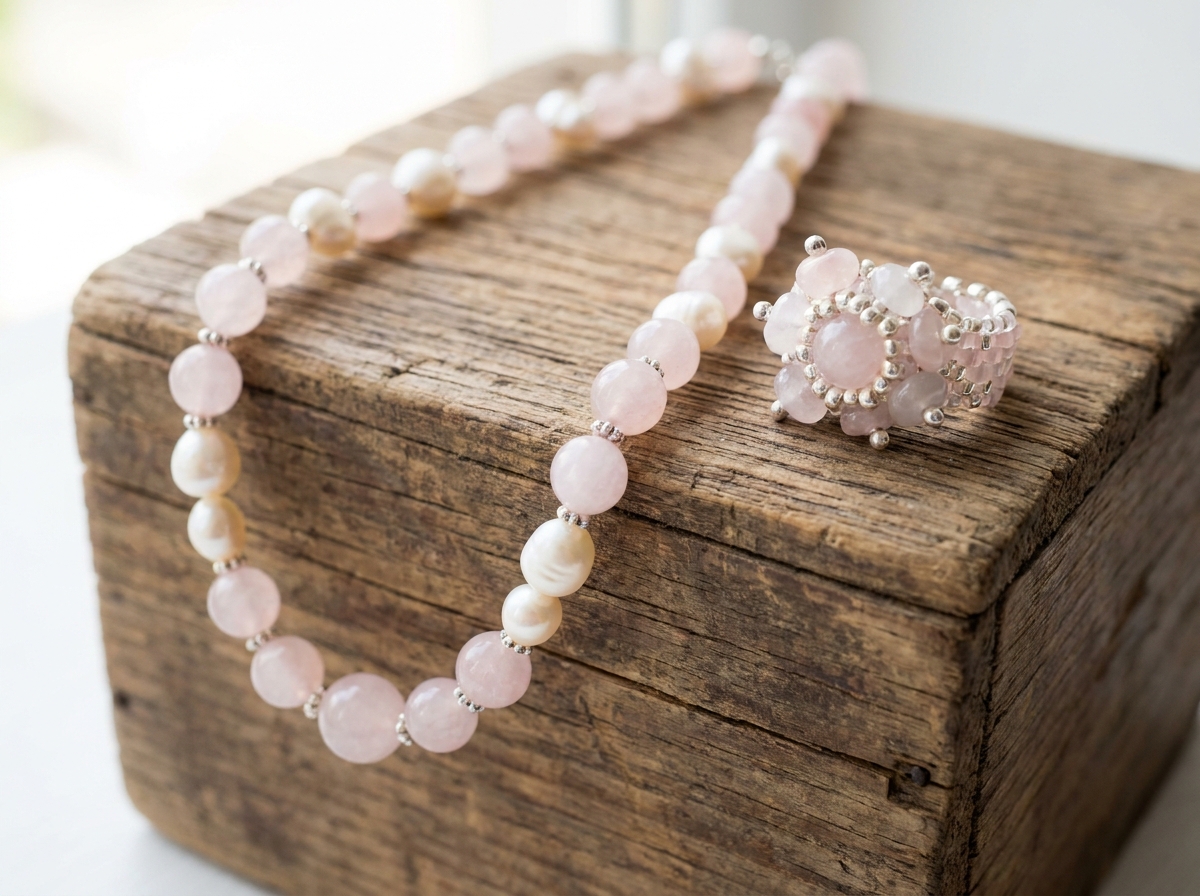 Handcrafted rose quartz gemstone necklace and matching cluster ring arranged on a decorative wooden background.