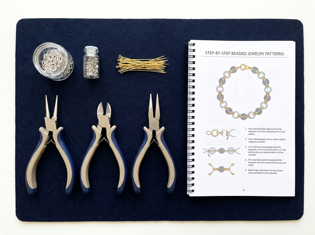 Essential jewelry making tools including round-nose pliers, wire cutters, jump rings, and crimp beads laid out on a dark background.