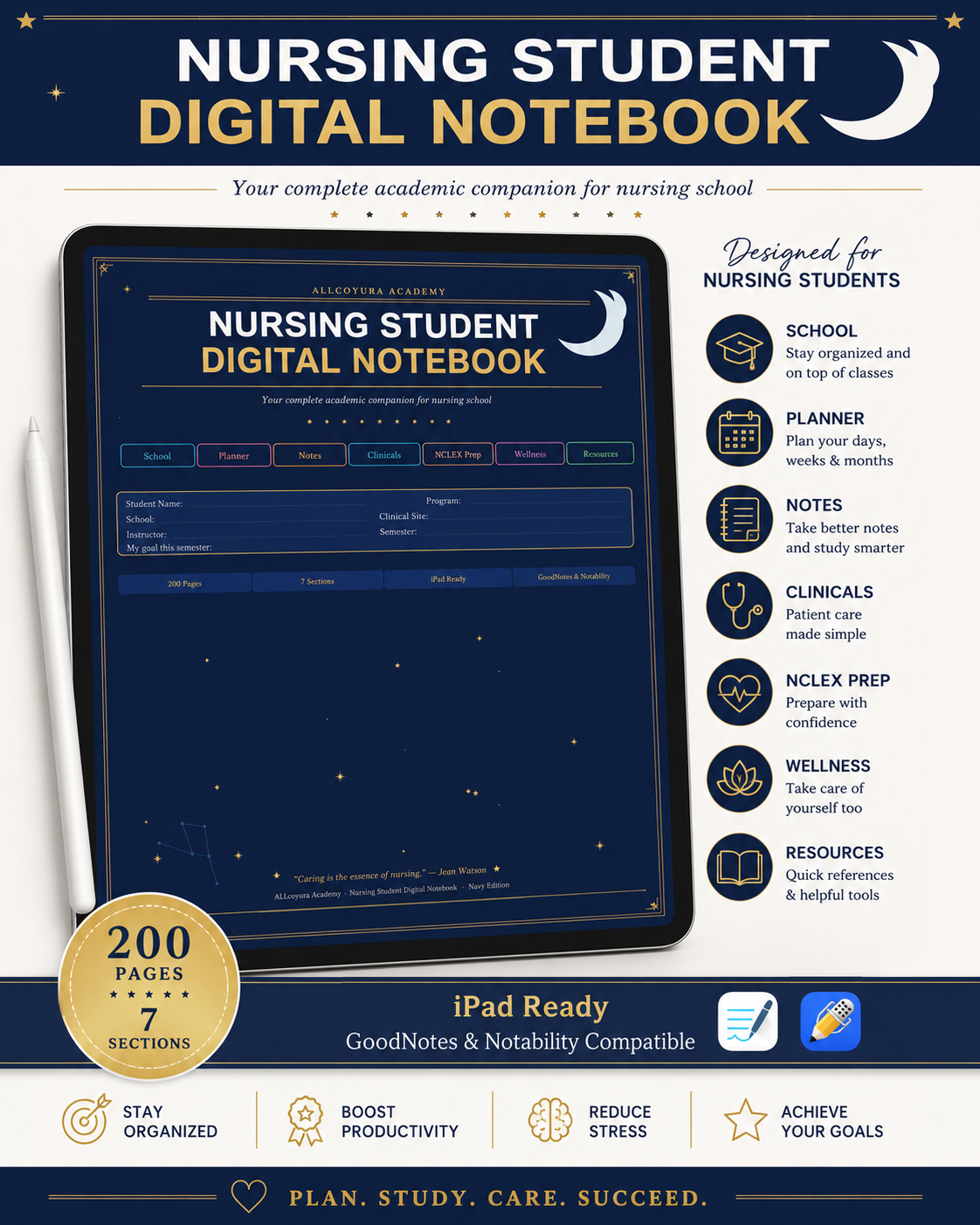 Nursing Student Digital Notebook | 200-Page Nursing School Planner | GoodNotes Digital Notebook | Clinical Notes | NCLEX Study Planner | iPad PDF