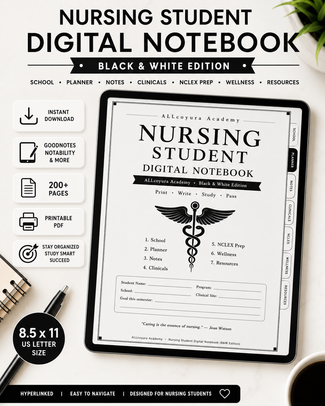 Nursing Student Digital Notebook Black & White | 200-Page GoodNotes Planner | Clinical Notes, NCLEX Prep & Nursing School Organizer