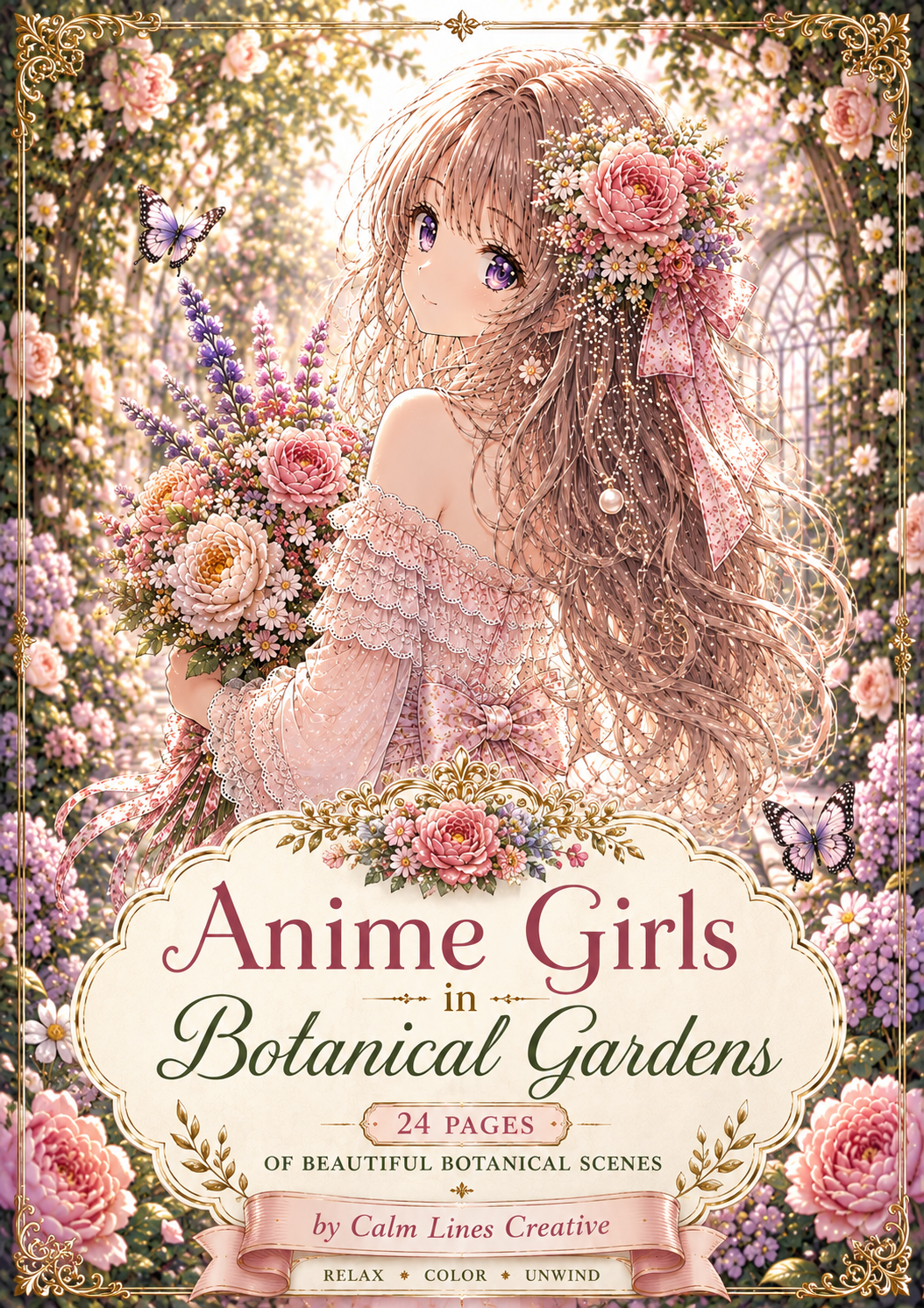 Anime Girls in Botanical Gardens printable coloring book cover featuring elegant anime girl, blooming botanical flowers, 24 relaxing coloring pages, instant PDF download in A4 and US Letter.
