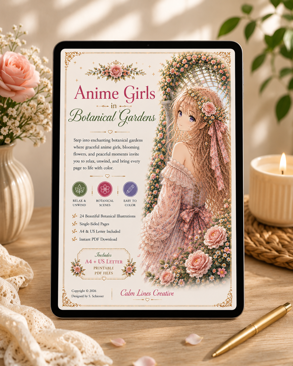 Printable anime coloring book mockup on tablet featuring botanical garden illustrations, digital PDF download in A4 and US Letter for adults.