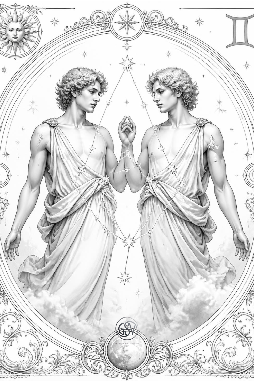 Gemini zodiac grayscale coloring page, twin figures with constellation stars and astrological symbol, printable celestial coloring pages for adults