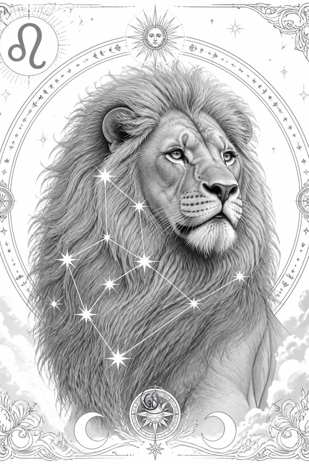 Leo zodiac grayscale coloring page, lion with constellation stars and astrological symbol, printable celestial coloring pages for adults
