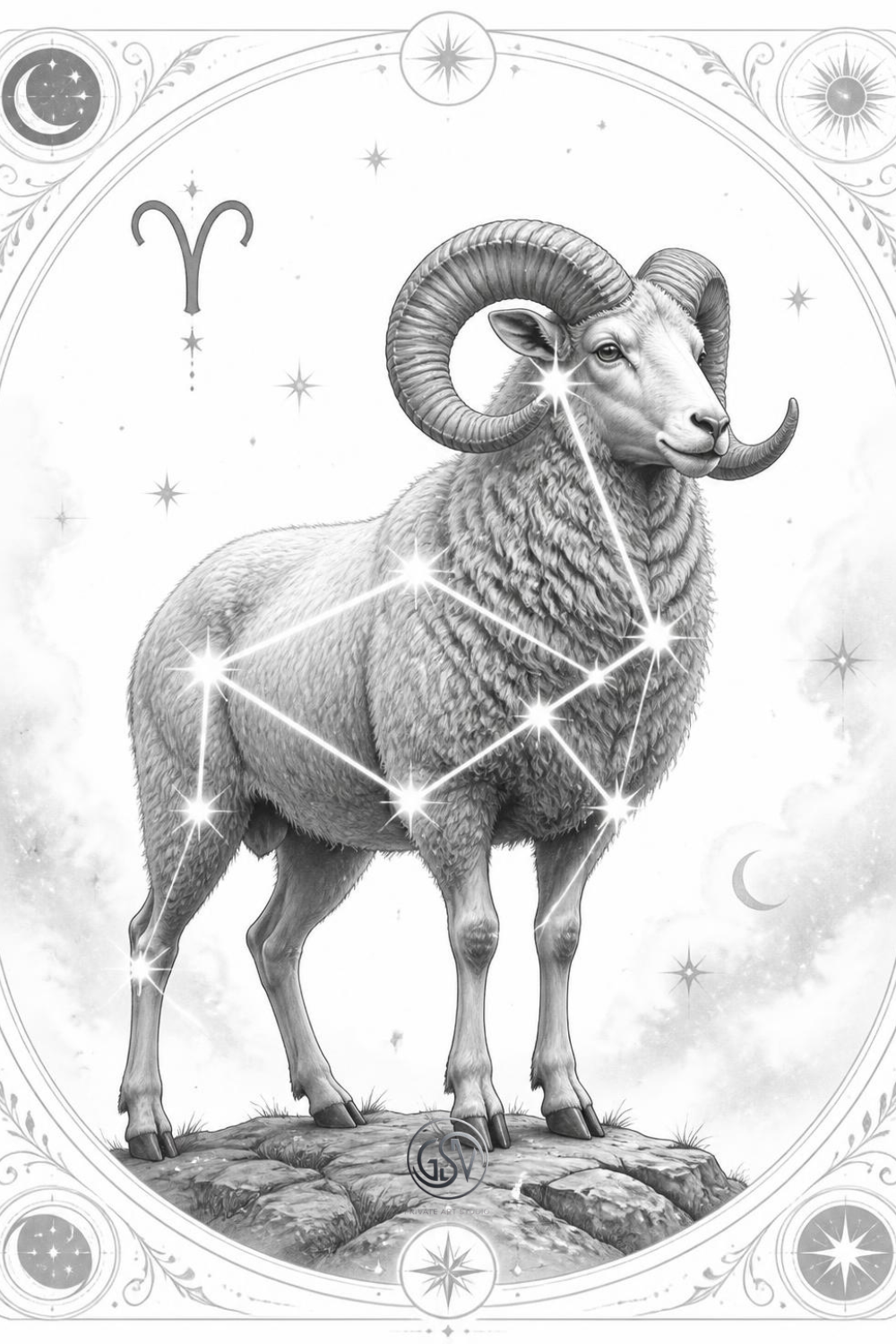 Aries zodiac grayscale coloring page, ram with constellation stars and astrological symbol, printable celestial coloring pages for adults