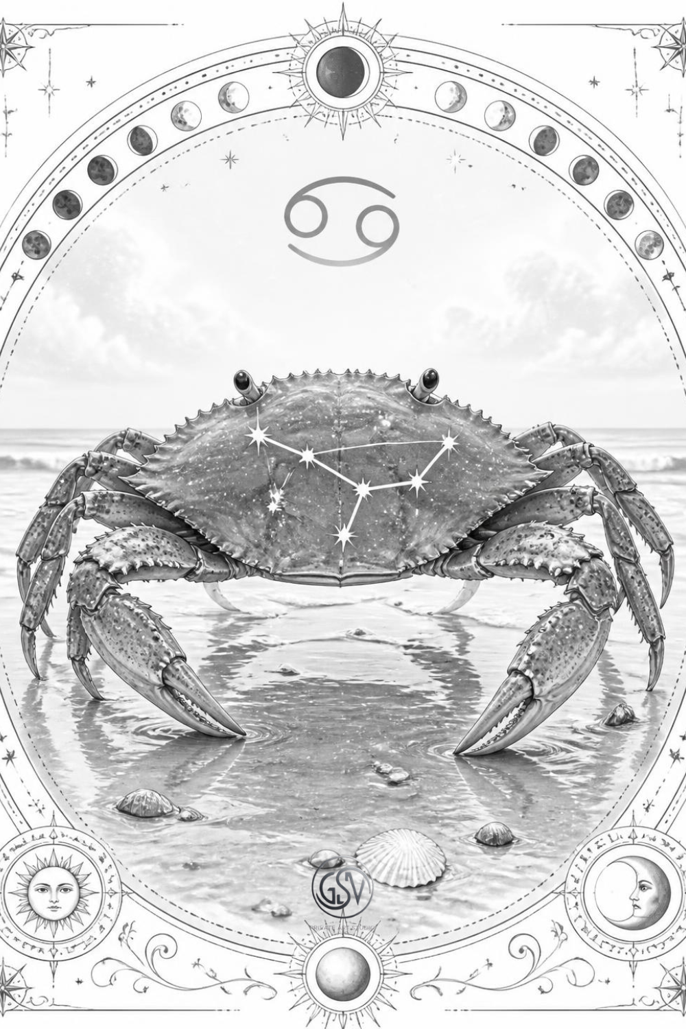 Cancer zodiac grayscale coloring page, crab with constellation stars and astrological symbol, printable celestial coloring pages for adults