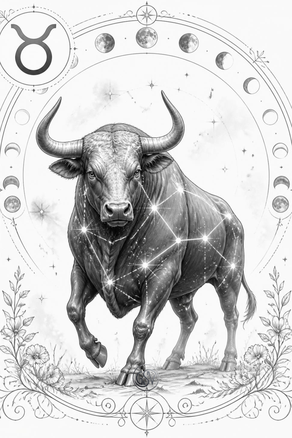 Taurus zodiac grayscale coloring page, bull with constellation stars and astrological symbol, printable celestial coloring pages for adults