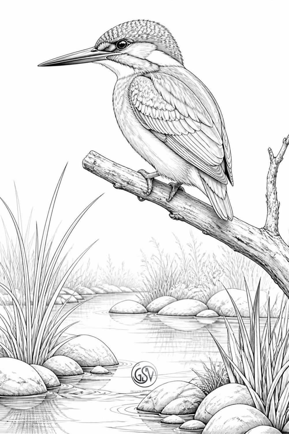 Grayscale coloring page of a kingfisher perched on a branch above a stream