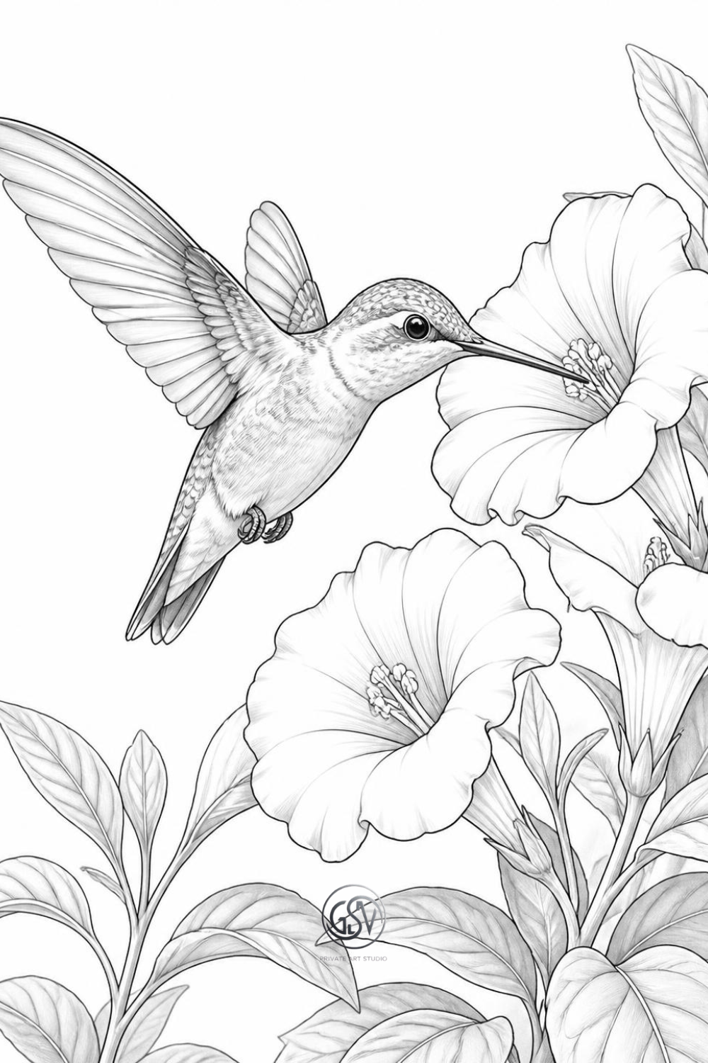 Grayscale coloring page of a hummingbird hovering ne