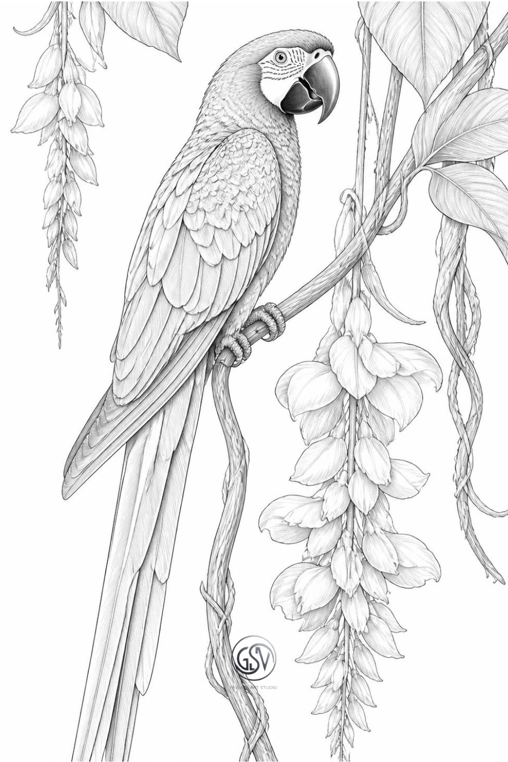 Grayscale coloring page of a parrot perched on a jungle branch