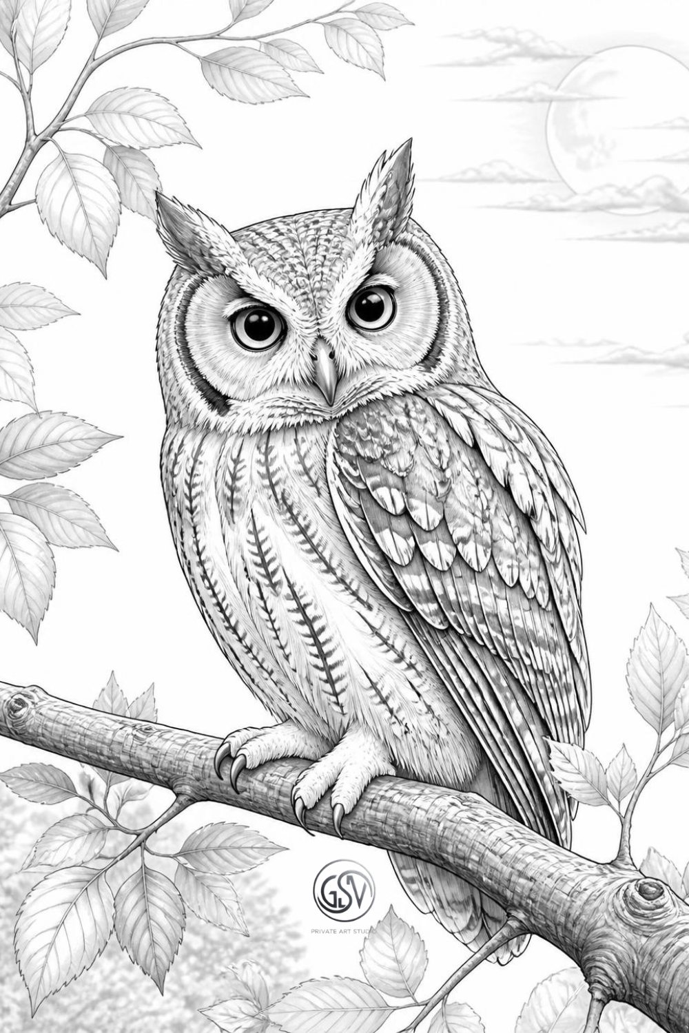 Grayscale coloring page of an owl perched on a tree branch at dusk