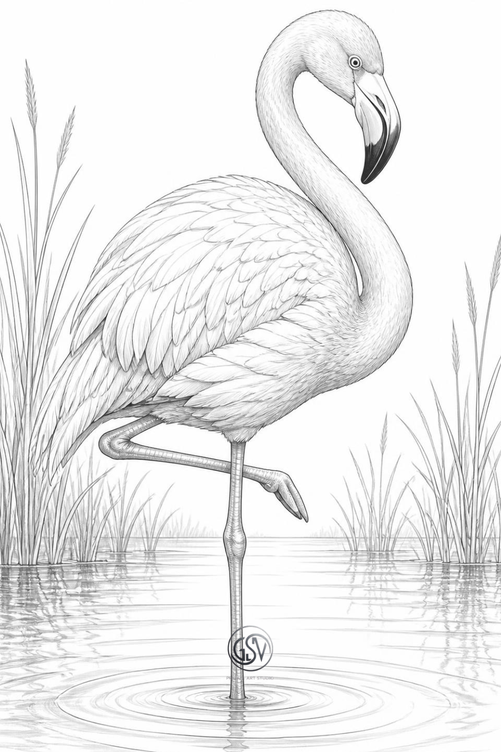 Grayscale coloring page of a flamingo standing on one leg in shallow water