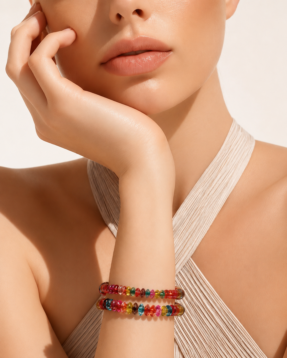 Bracciale in tormalina naturale dell'Isola d'Elba indossato al polso, gioiello artigianale Lumen Jewels.