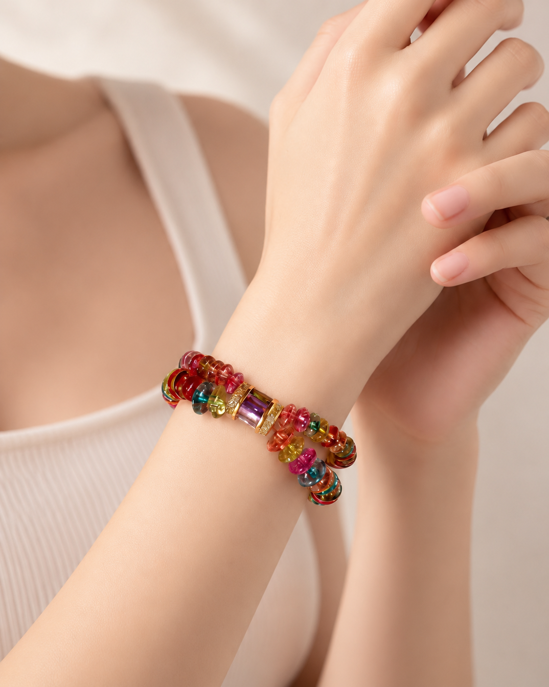 Bracciale artigianale in tormalina naturale dell'Isola d'Elba indossato dalla modella, dettaglio elegante del polso.